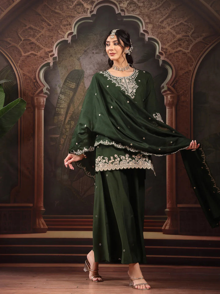 Green Silk Blend Kurta Dupatta Palazzo Set