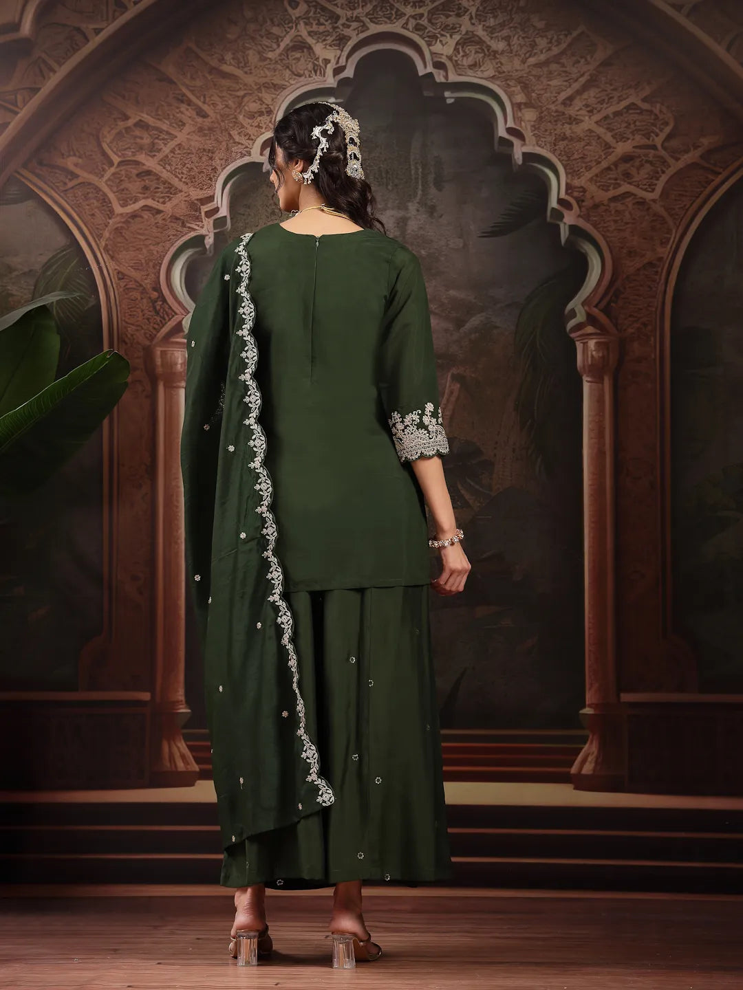 Green Silk Blend Kurta Dupatta Palazzo Set