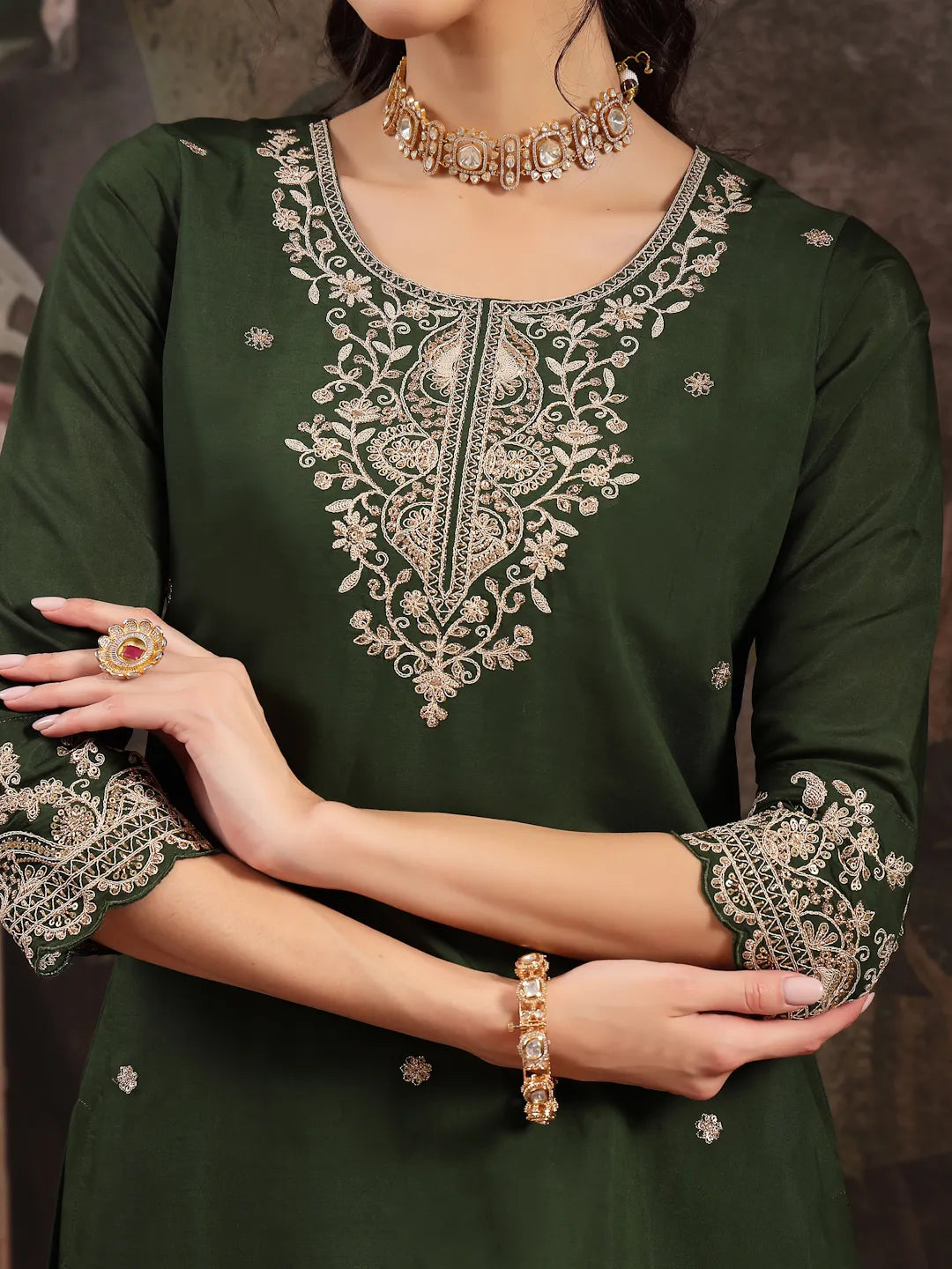 Green Silk Blend Kurta Dupatta Palazzo Set