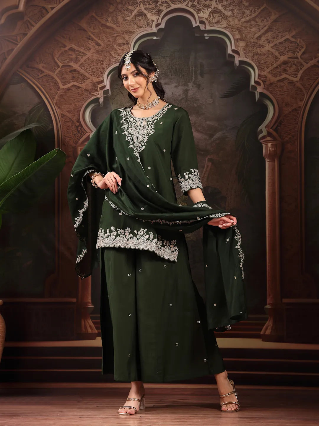 Green Silk Blend Kurta Dupatta Palazzo Set