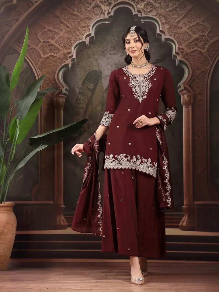 Maroon Silk Blend Kurta Dupatta Palazzo Set