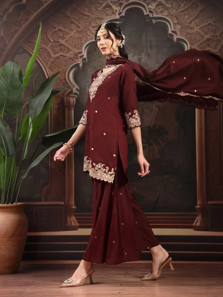 Maroon Silk Blend Kurta Dupatta Palazzo Set