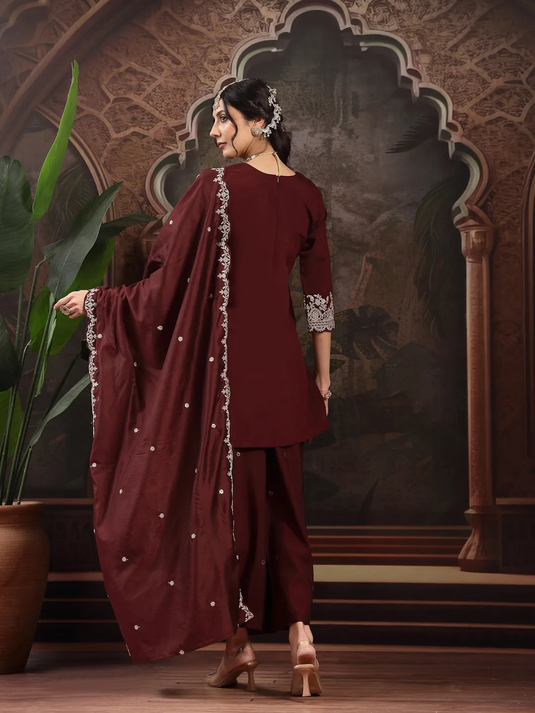 Maroon Silk Blend Kurta Dupatta Palazzo Set