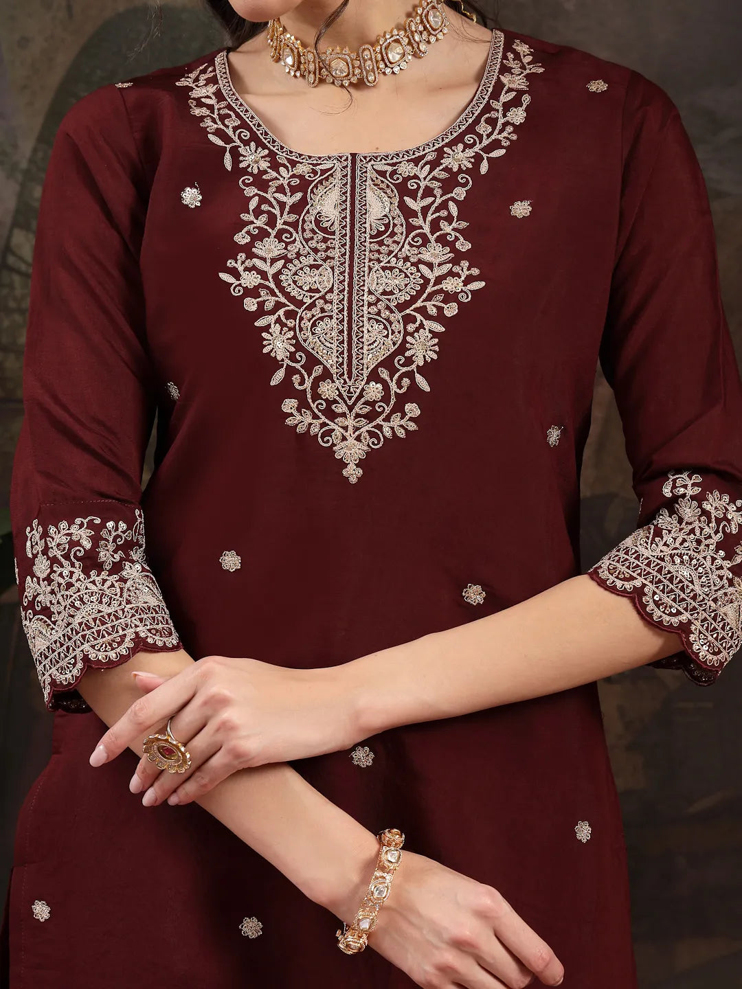 Maroon Silk Blend Kurta Dupatta Palazzo Set