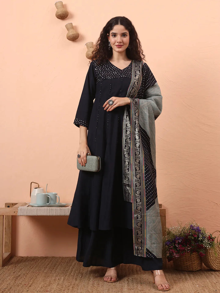 Navy Blue Silk Blend Piping Design Anarkali Kurta Dupatta Palazzo Set