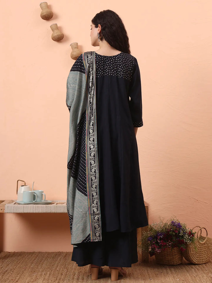 Navy Blue Silk Blend Piping Design Anarkali Kurta Dupatta Palazzo Set