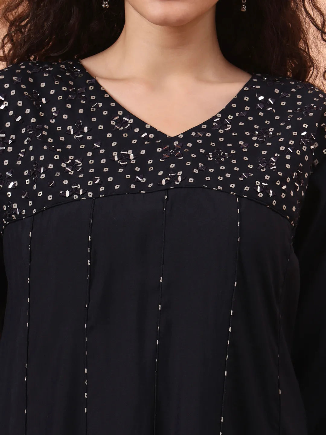 Navy Blue Silk Blend Piping Design Anarkali Kurta Dupatta Palazzo Set