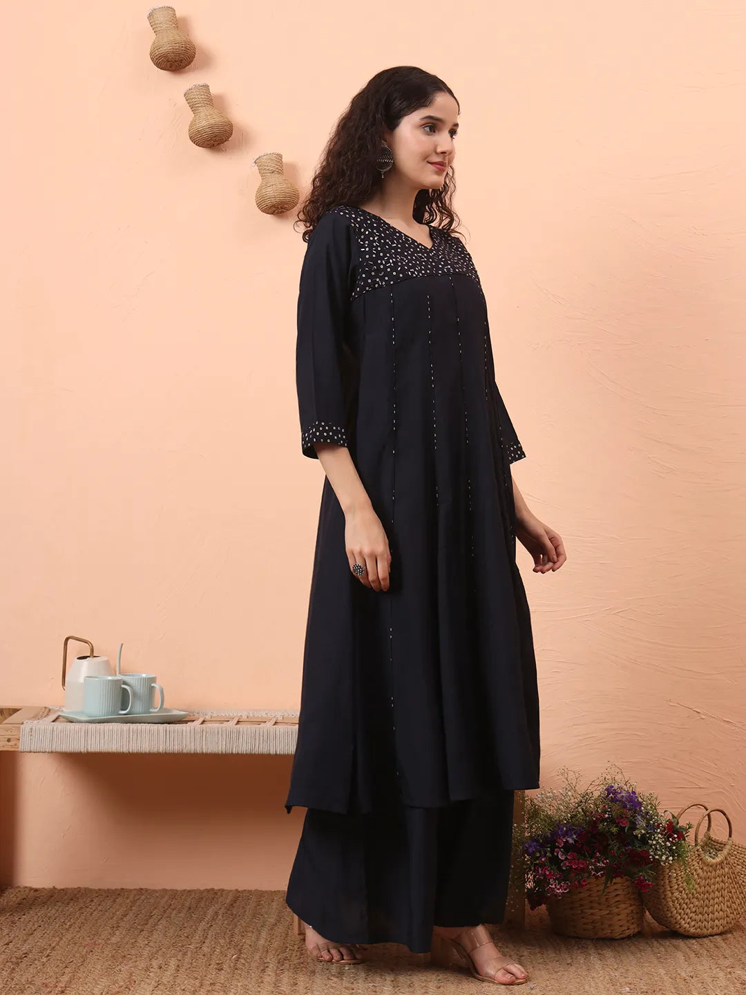 Navy Blue Silk Blend Piping Design Anarkali Kurta Dupatta Palazzo Set