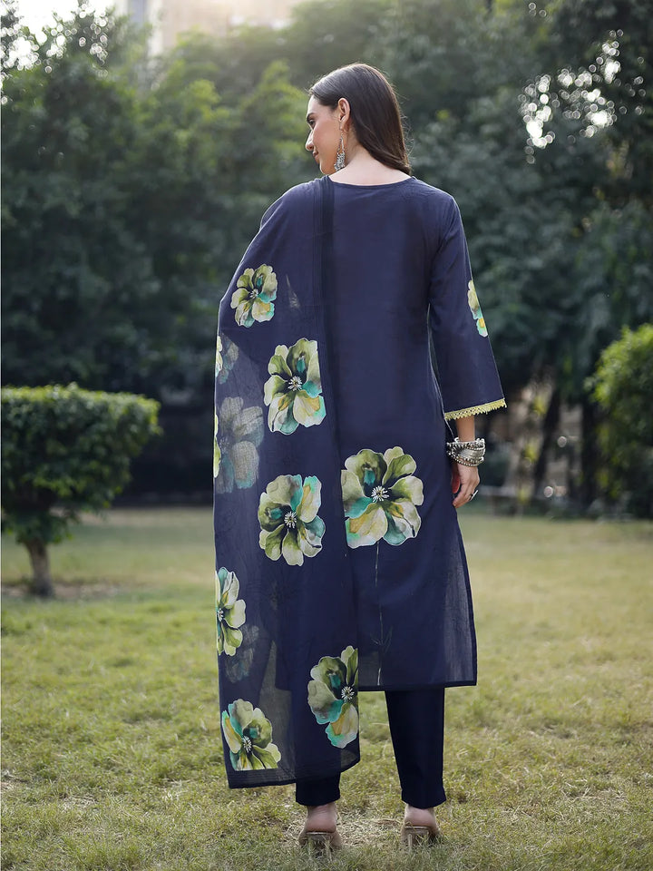 Navy Blue Cotton Straight Pakistani Kurta Trouser Dupatta Set