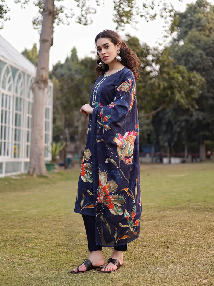 Navy Blue Pure Cotton Pakistani Straight Kurta Dupatta Pant Set