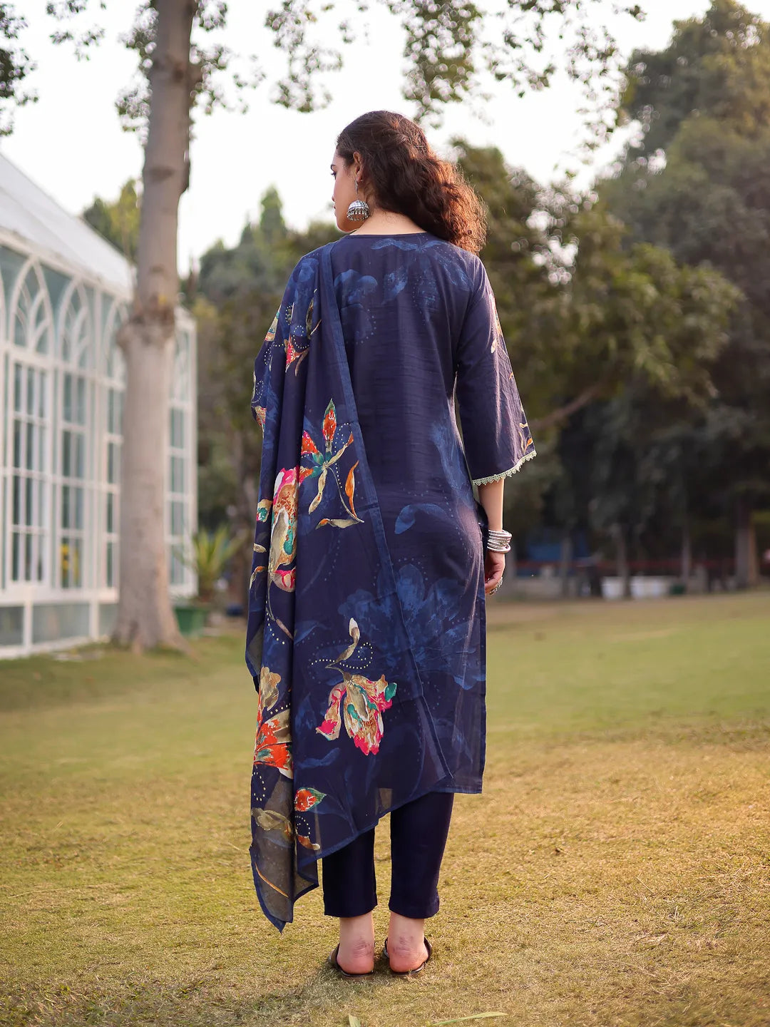 Navy Blue Pure Cotton Pakistani Straight Kurta Dupatta Pant Set