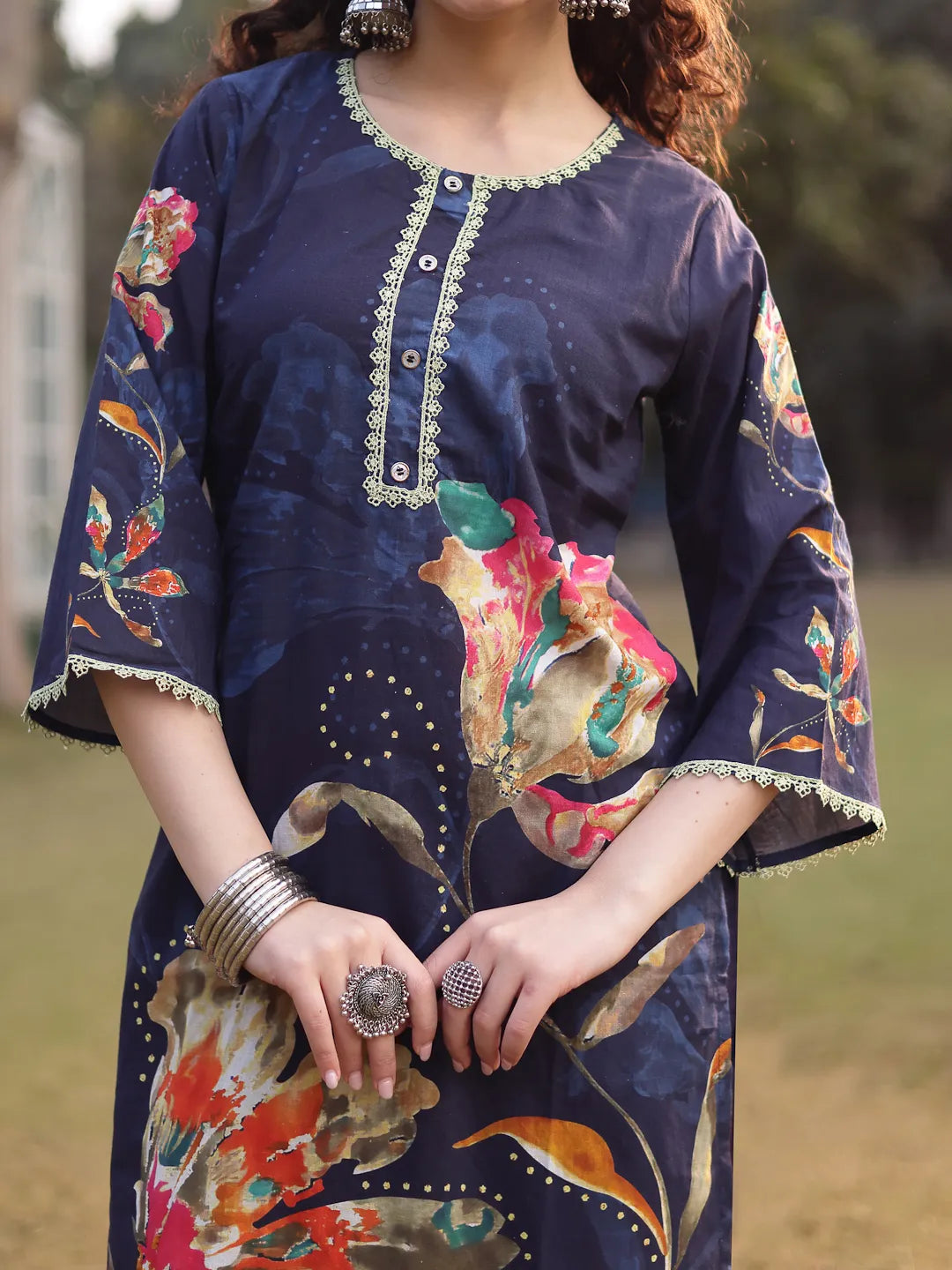 Navy Blue Pure Cotton Pakistani Straight Kurta Dupatta Pant Set