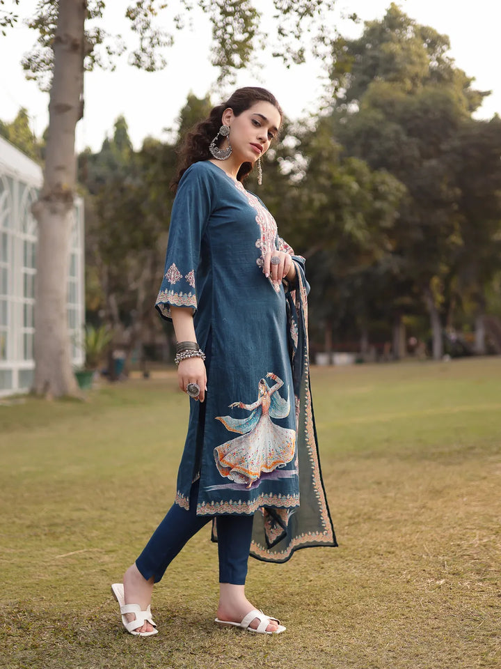 Teal Blue Pure Cotton Pakistani Straight Kurta Dupatta Pant Set