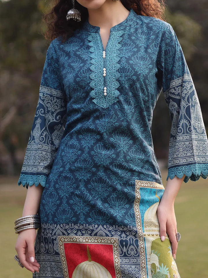 Teal Blue Pure Cotton Lace Work Pakistani Straight Kurta Dupatta Pant Set