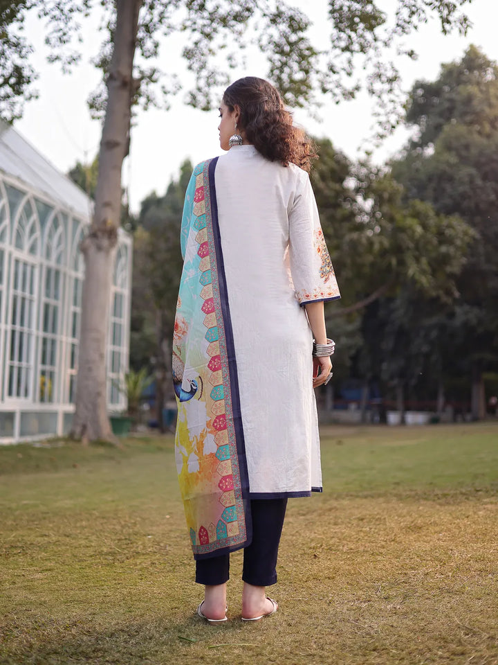 White Pure Cotton Ethnic Motifs Pakistani Style Kurta Trouser Dupatta Set
