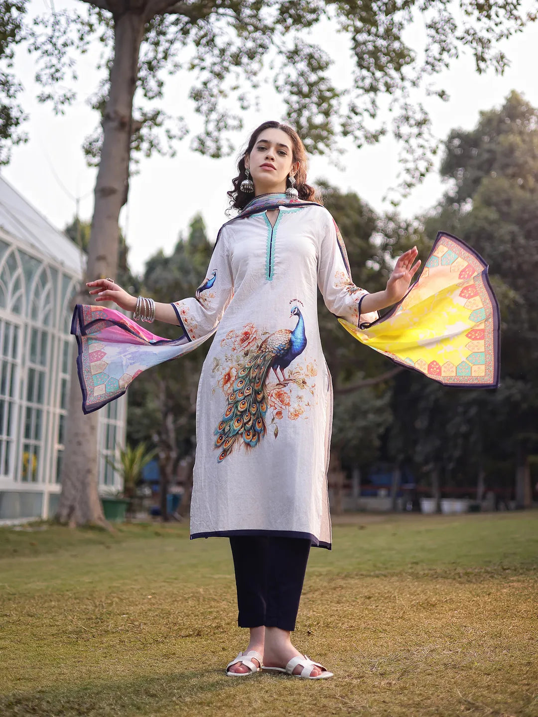 White Pure Cotton Ethnic Motifs Pakistani Style Kurta Trouser Dupatta Set