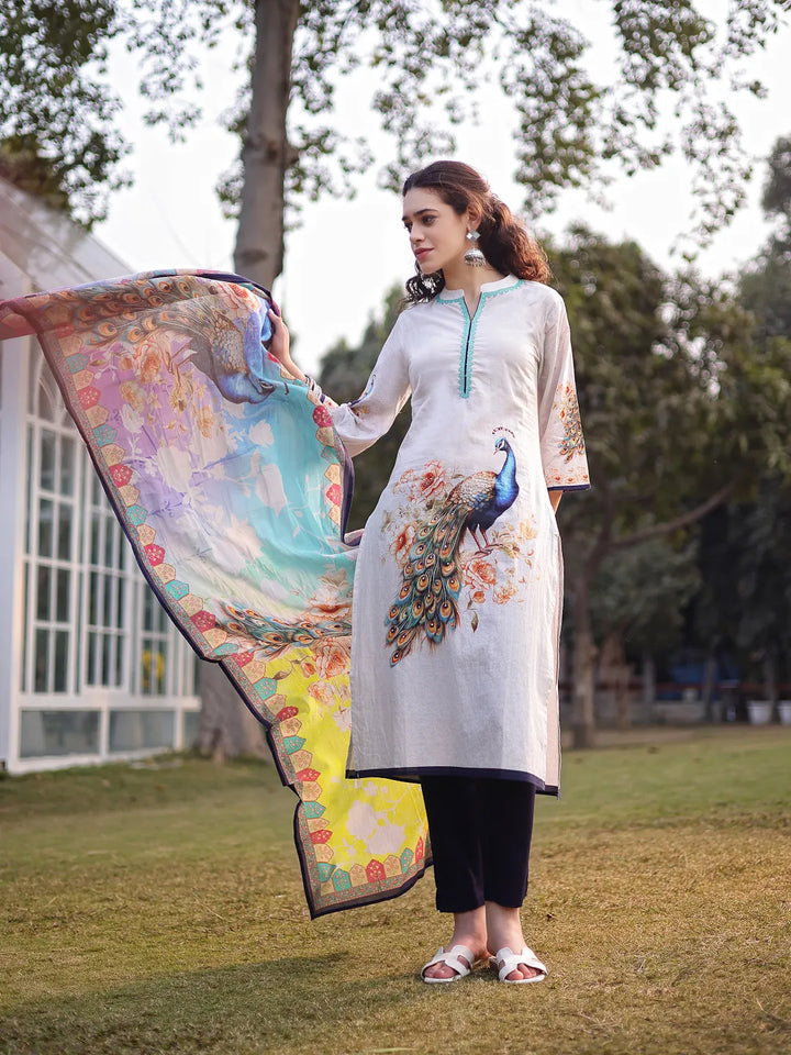 White Pure Cotton Ethnic Motifs Pakistani Style Kurta Trouser Dupatta Set