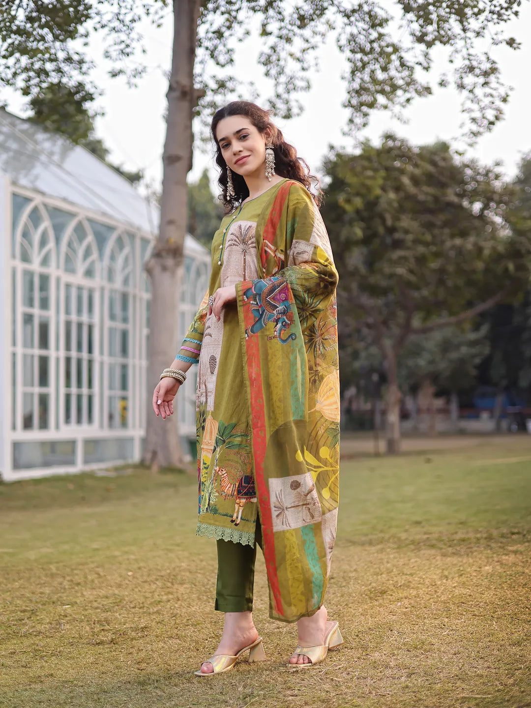 Green Pure Cotton Sequins_Work Piping Pakistani Style Kurta Trouser Dupatta Set