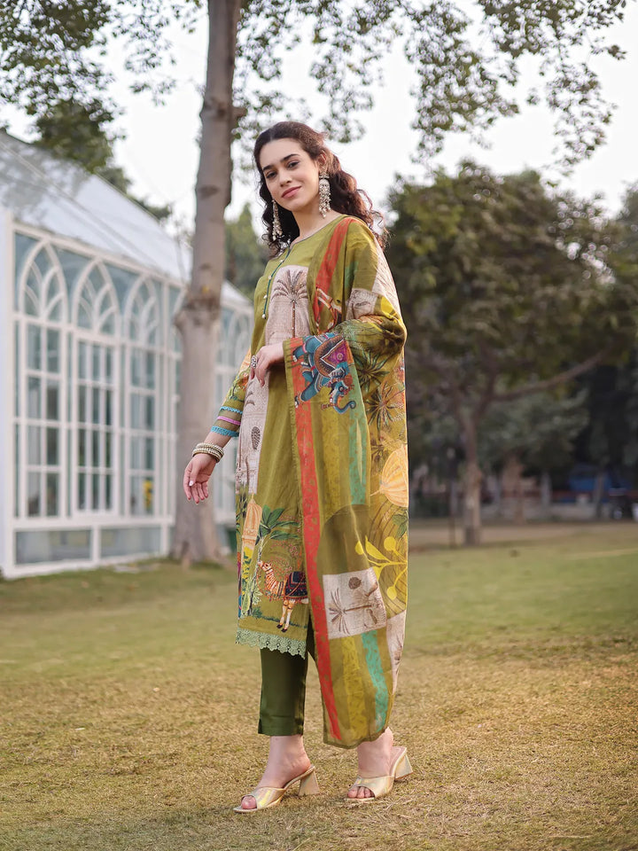 Green Pure Cotton Sequins_Work Piping Pakistani Style Kurta Trouser Dupatta Set