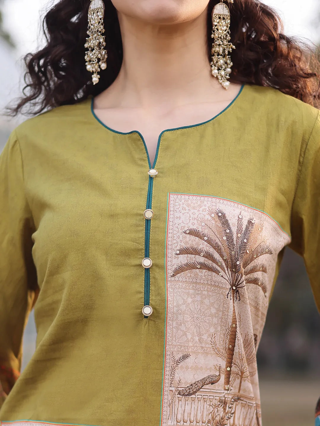 Green Pure Cotton Sequins_Work Piping Pakistani Style Kurta Trouser Dupatta Set