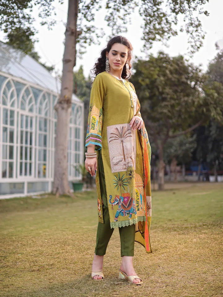 Green Pure Cotton Sequins_Work Piping Pakistani Style Kurta Trouser Dupatta Set