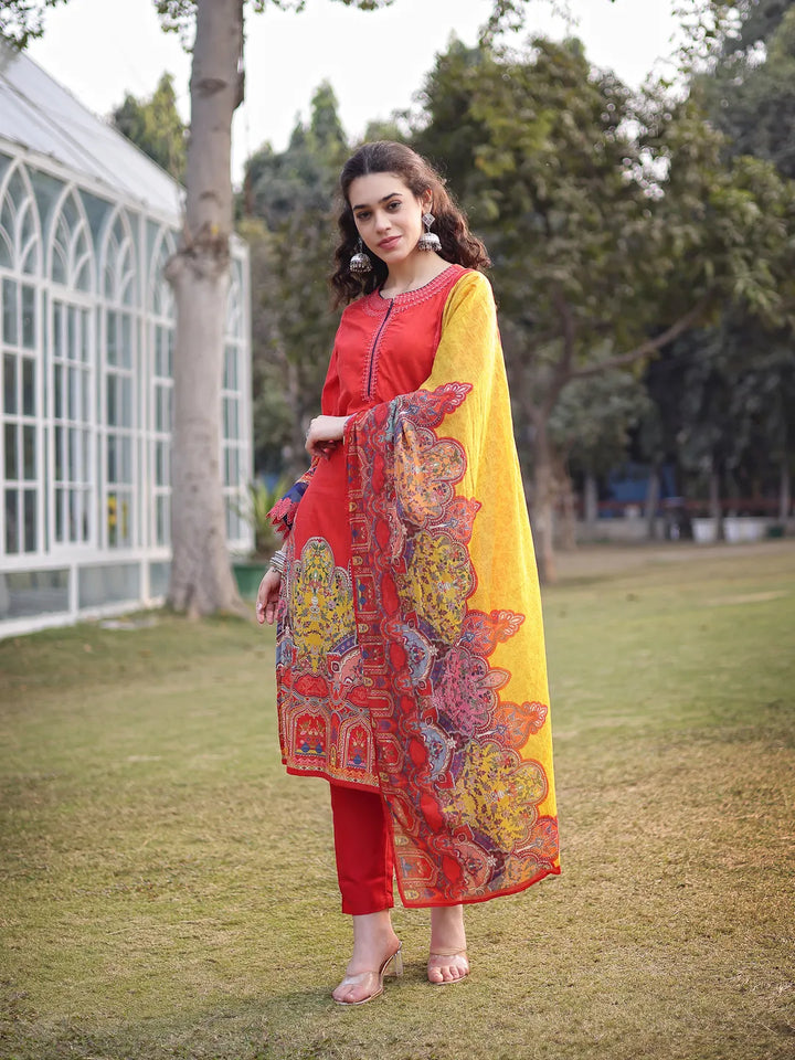 Cotton Red Lace Work Pakistani Straight Kurta Trouser Dupatta Set