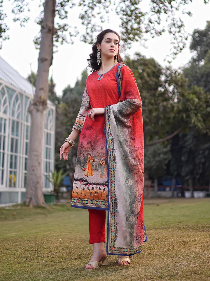 Red Cotton Lace Work Pakistani Straight Kurta Trouser Dupatta Set
