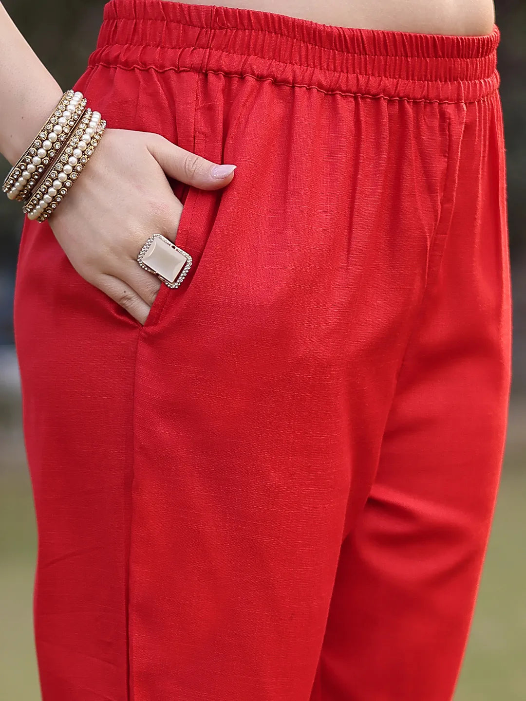 Red Cotton Lace Work Pakistani Straight Kurta Trouser Dupatta Set