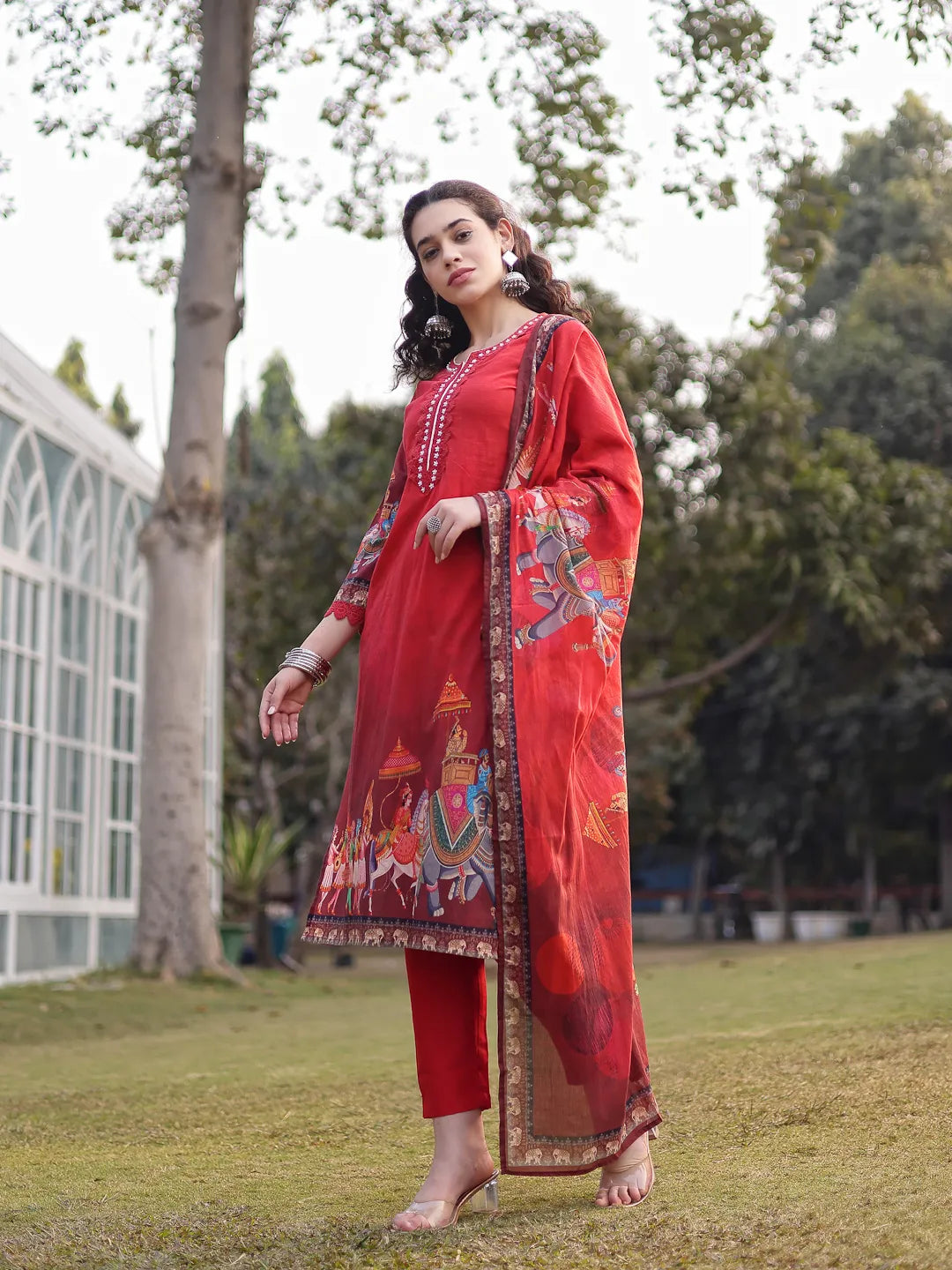 Red Cotton Beads And Stones Pakistani Straight Kurta Trouser Dupatta Set