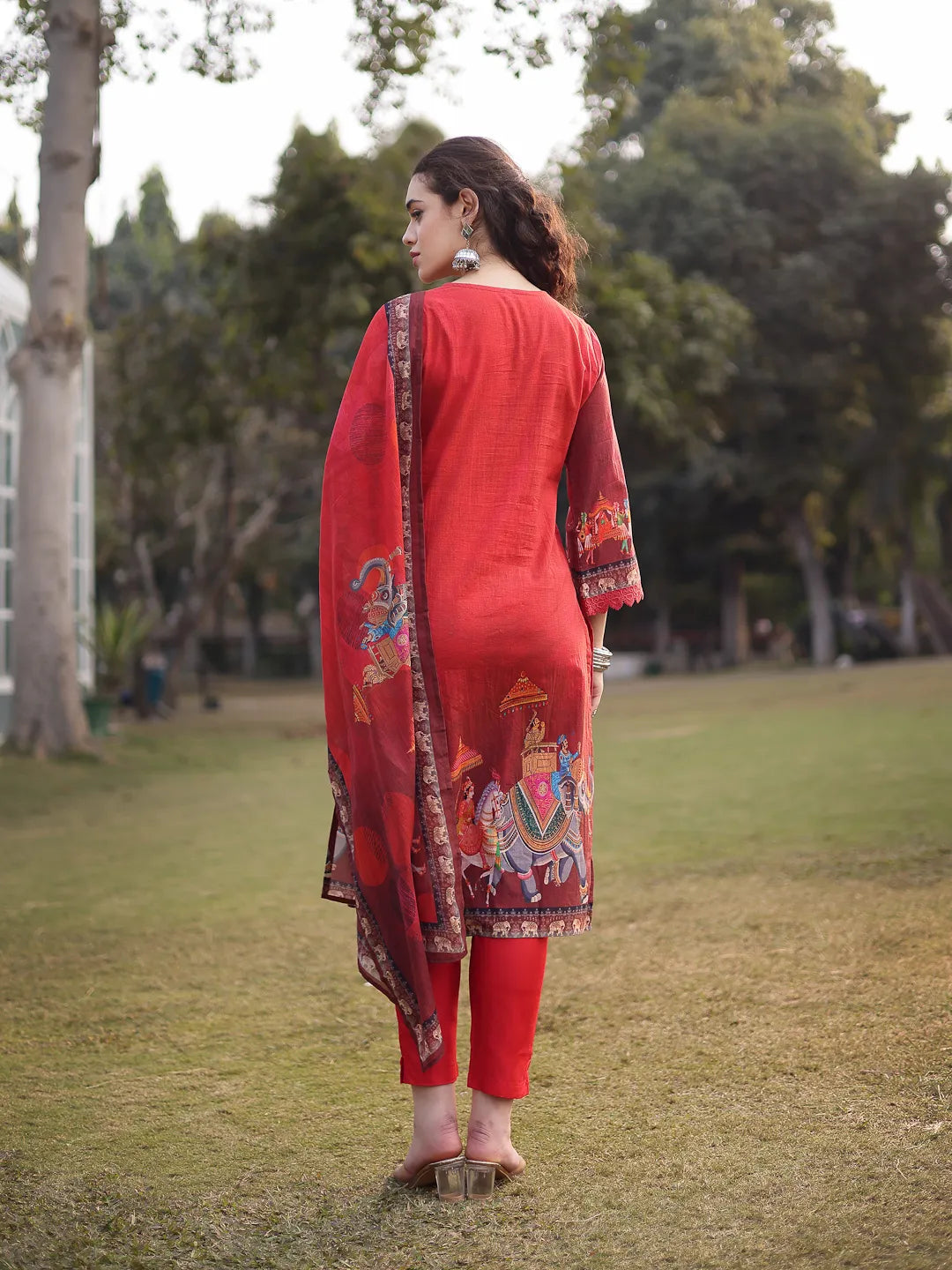 Red Cotton Beads And Stones Pakistani Straight Kurta Trouser Dupatta Set
