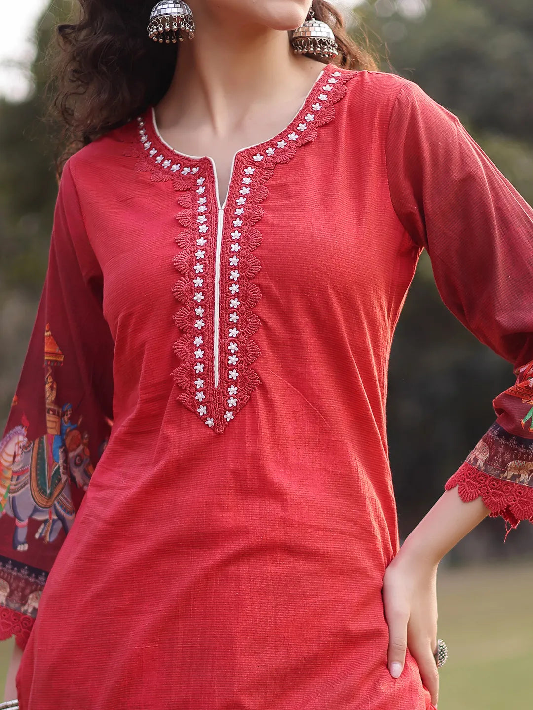 Red Cotton Beads And Stones Pakistani Straight Kurta Trouser Dupatta Set