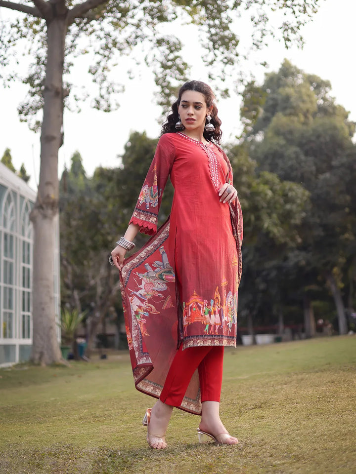 Red Cotton Beads And Stones Pakistani Straight Kurta Trouser Dupatta Set