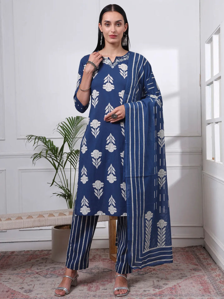 Navy Blue Pure Cotton Floral Thread Work Kurta Dupatta Pant Set