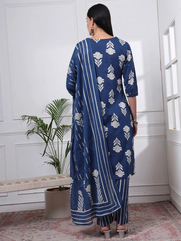 Navy Blue Pure Cotton Floral Thread Work Kurta Dupatta Pant Set
