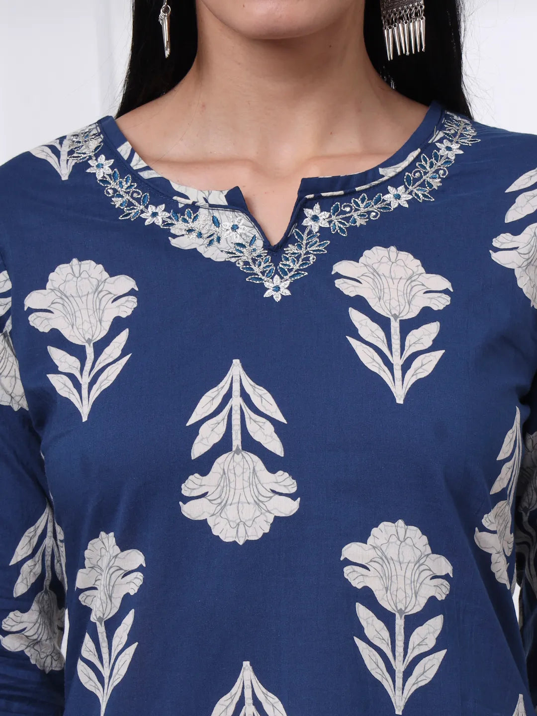 Navy Blue Pure Cotton Floral Thread Work Kurta Dupatta Pant Set