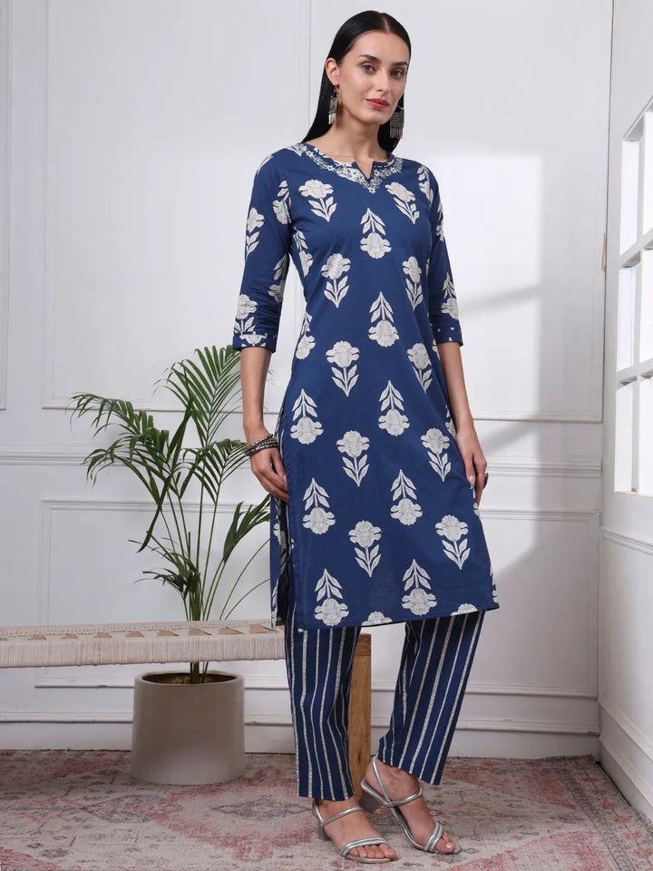 Navy Blue Pure Cotton Floral Thread Work Kurta Dupatta Pant Set