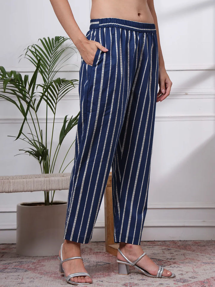 Navy Blue Pure Cotton Floral Thread Work Kurta Dupatta Pant Set