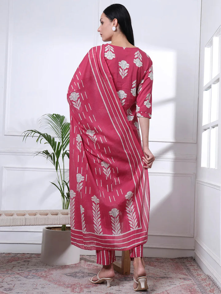 Pink Pure Cotton Floral Thread Work Kurta Dupatta Pant Set