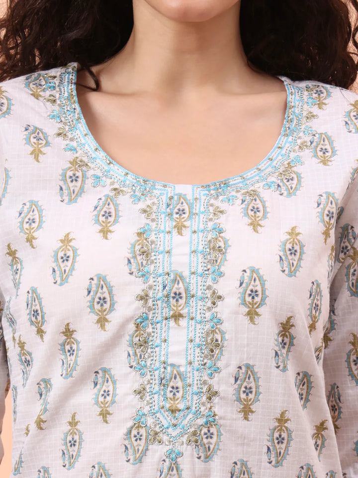 Blue And White Pure Cotton Kurta Dupatta Pant Set