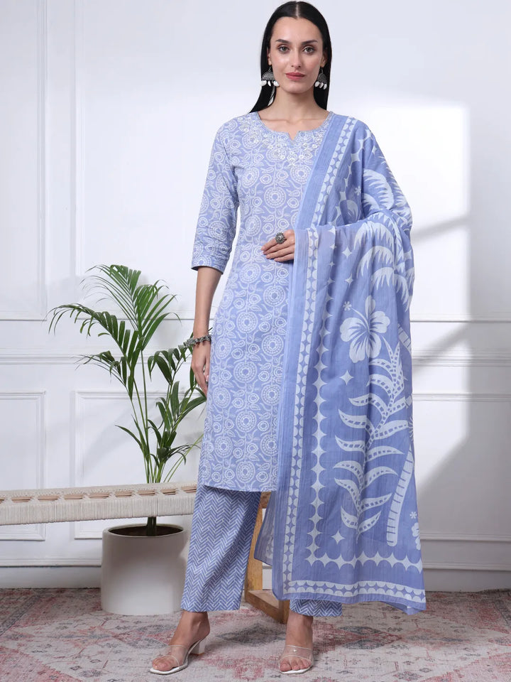 Sky Blue Pure Cotton Ethnic Motifs Thread Work Kurta Dupatta Pant Set