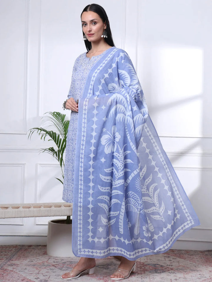 Sky Blue Pure Cotton Ethnic Motifs Thread Work Kurta Dupatta Pant Set