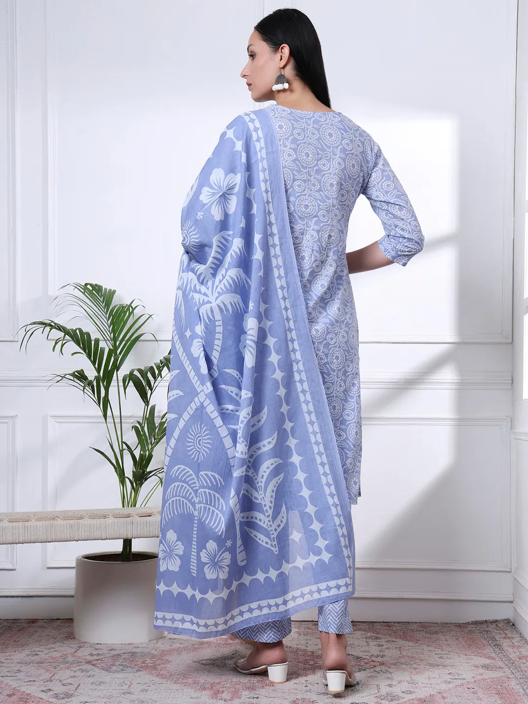 Sky Blue Pure Cotton Ethnic Motifs Thread Work Kurta Dupatta Pant Set