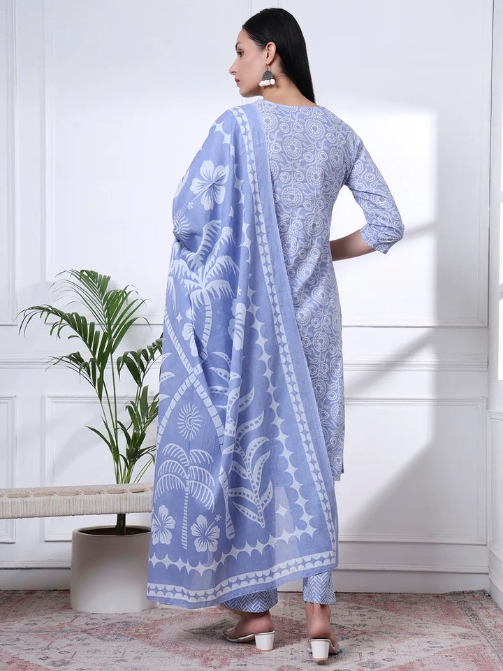 Sky Blue Pure Cotton Ethnic Motifs Thread Work Kurta Dupatta Pant Set