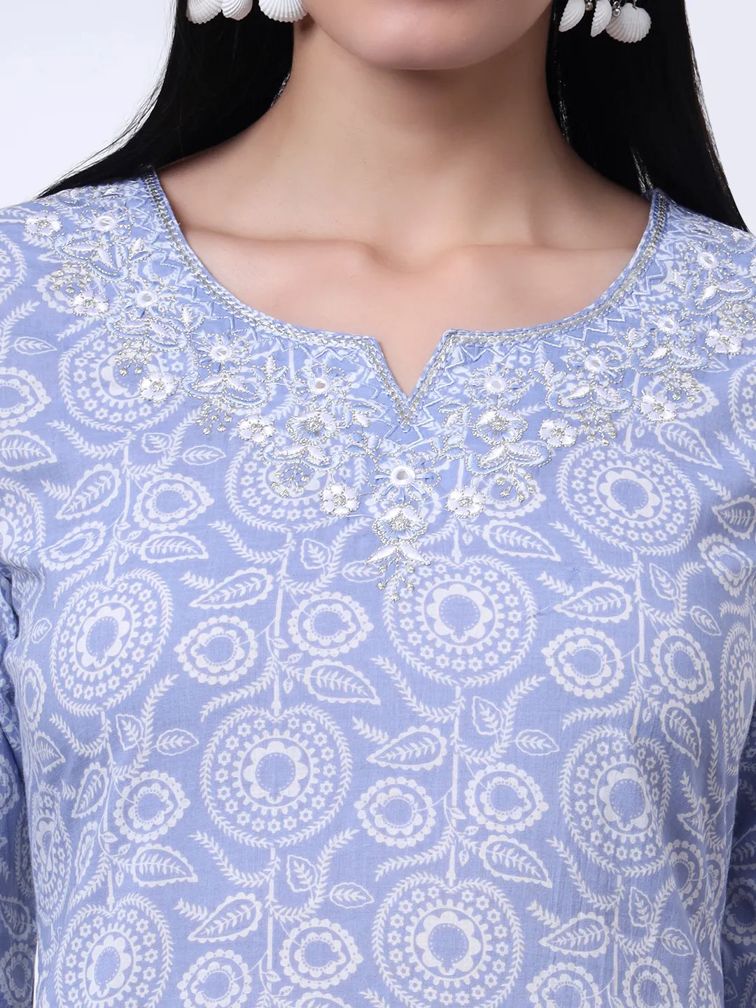 Sky Blue Pure Cotton Ethnic Motifs Thread Work Kurta Dupatta Pant Set