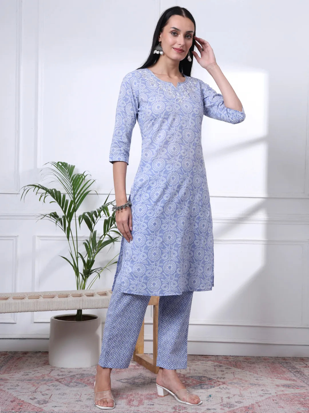Sky Blue Pure Cotton Ethnic Motifs Thread Work Kurta Dupatta Pant Set
