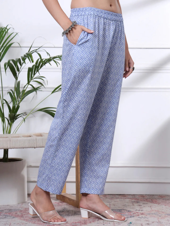 Sky Blue Pure Cotton Ethnic Motifs Thread Work Kurta Dupatta Pant Set