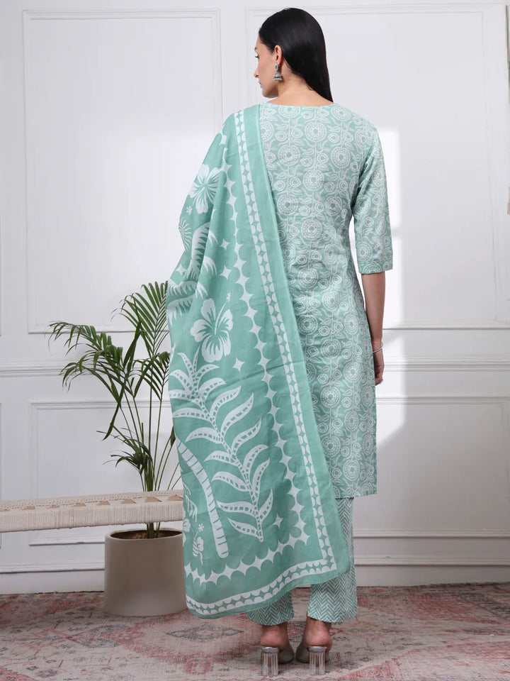 Green Pure Cotton Ethnic Motifs Thread Work Kurta Dupatta Pant Set