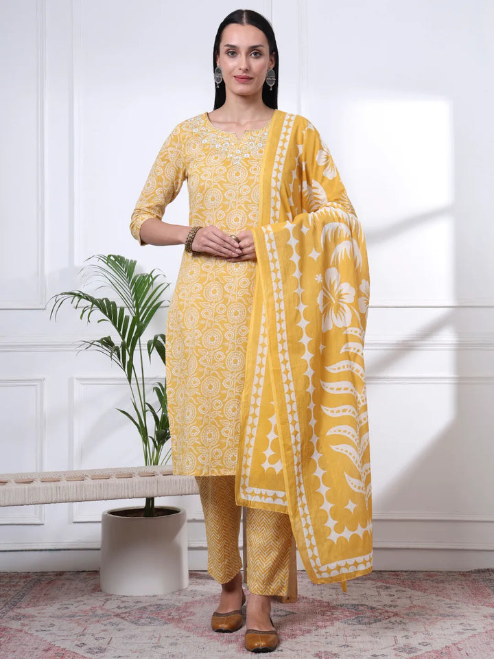 Yellow Pure Cotton Ethnic Motifs Thread Work Kurta Dupatta Pant Set