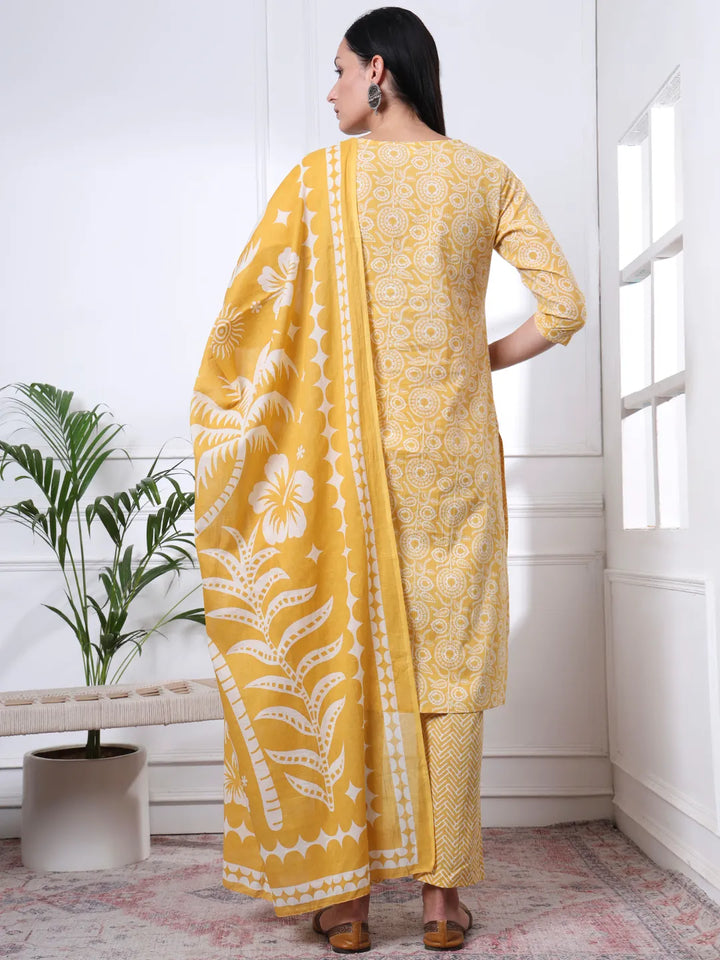 Yellow Pure Cotton Ethnic Motifs Thread Work Kurta Dupatta Pant Set