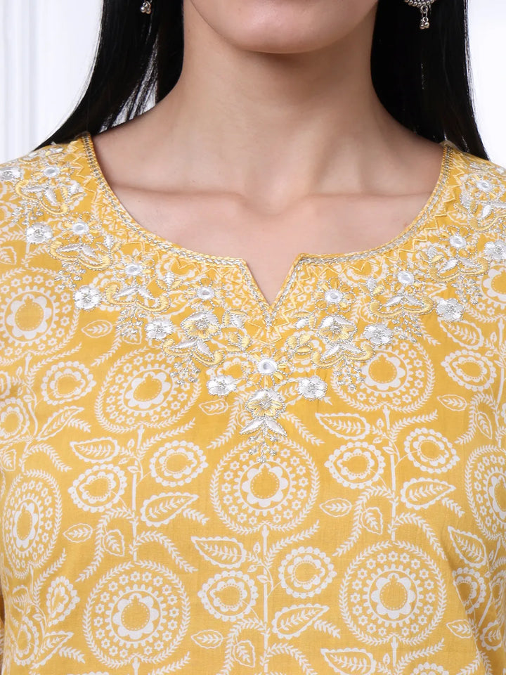 Yellow Pure Cotton Ethnic Motifs Thread Work Kurta Dupatta Pant Set
